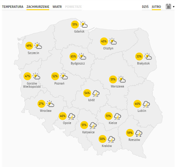 Przewidywane zachmurzenie w Polsce w poniedziałek