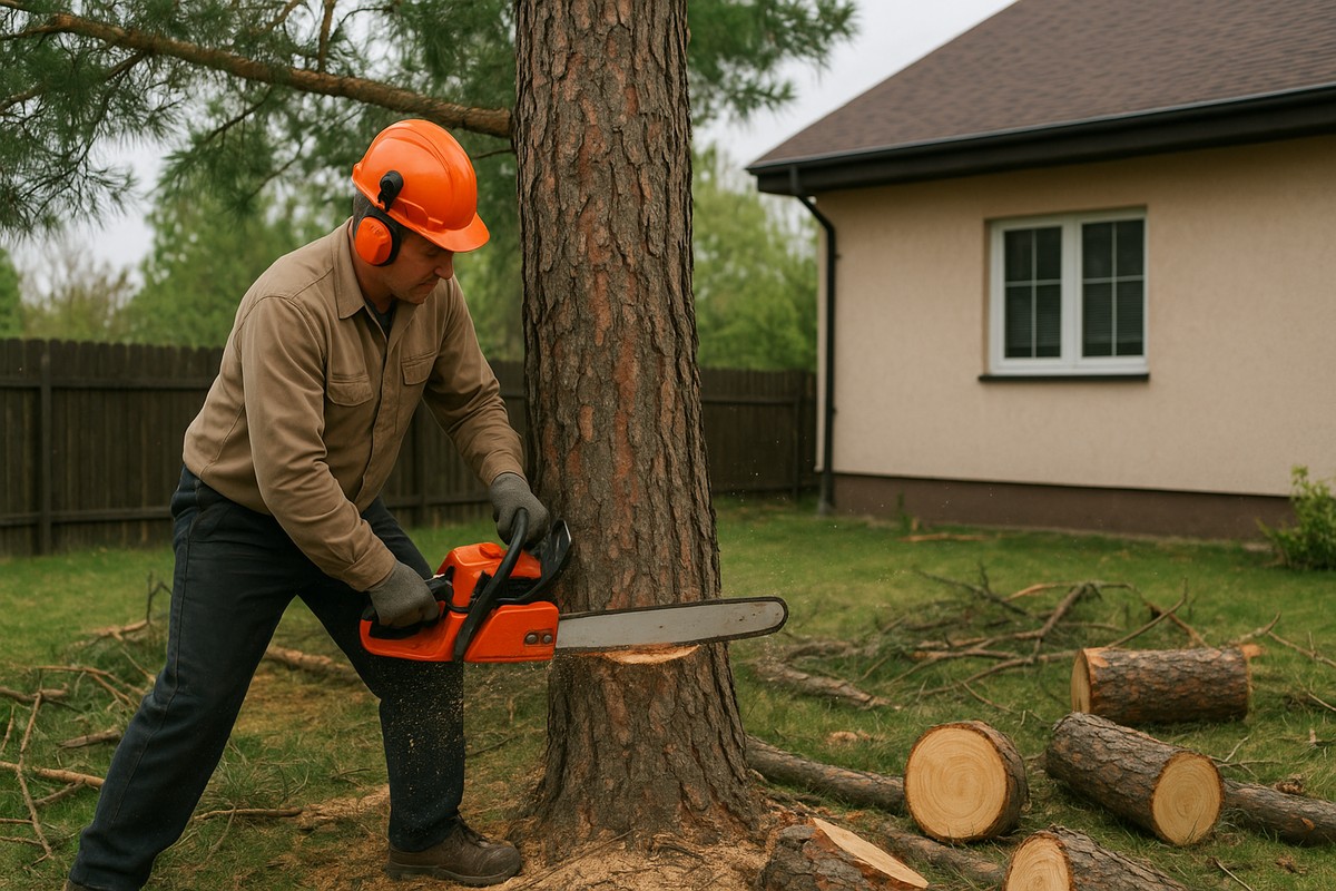 Mężczyzna w kasku ścina sosnę piłą mechaniczną