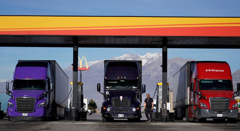 Trucks fuel up at the Love's Truck Stop in Springville, Utah, on December 1, 2021.