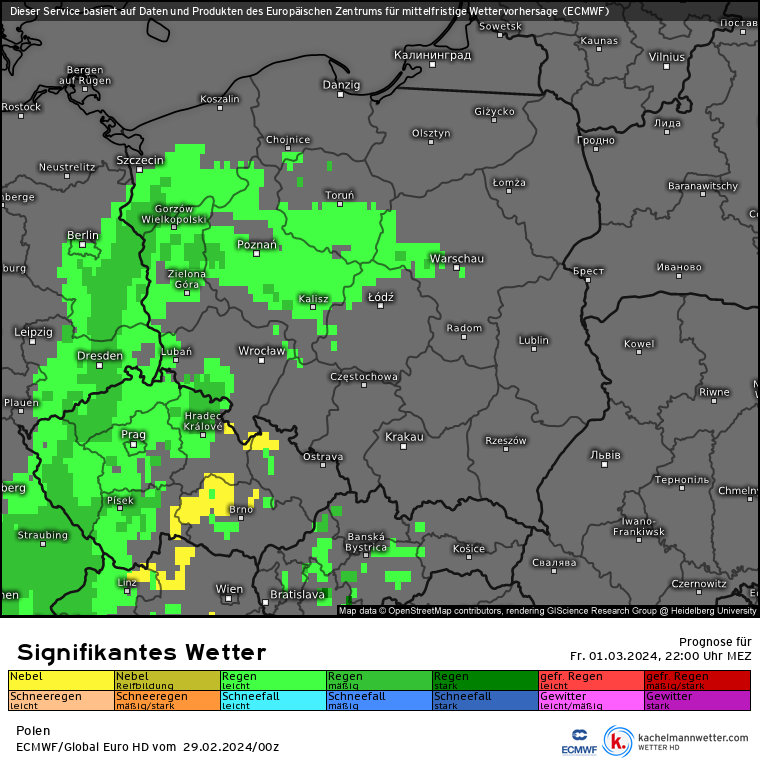 Miejscami wystąpią opady deszczu (kolor zielony na mapie), ale będą niewielkie