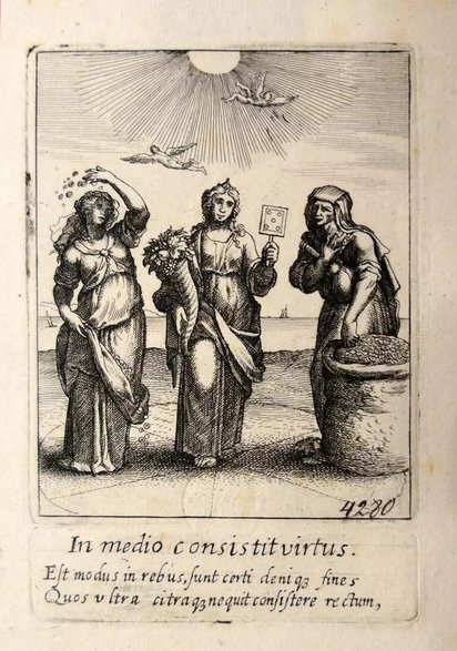 Wenzeslaus Hollar (1607–1677) wg Otto van Veena (1556–1629) Złoty środek, 1641–1644 akwaforta, papier 8,6x6,8 cm - dzieło z kolekcji Jakoba Kabruna, które w 2023 roku powróciło do kolekcji Muzeum Narodowego w Gdańsku Mat. MNG