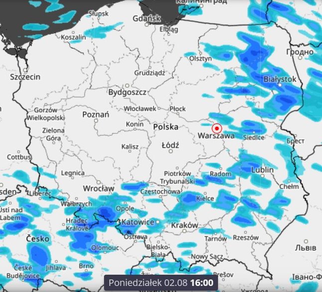 Przewidywane opady deszczu w Poniedziałek 2.08 o godz. 16