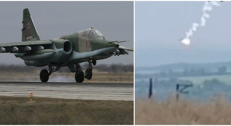 A Russian Su-25 fighter jet, left, and the puff of flame and smoke, right, resulting from one being shot down on July 23, 2024, Ukraine claims.SERGEY VENYAVSKY/AFP via Getty Images /Khortytsia goup of the AFU/Business Insider