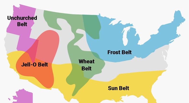 Regions of America that transcend state lines include the Bible Belt and the Rust Belt.Shayanne Gal/Business Insider