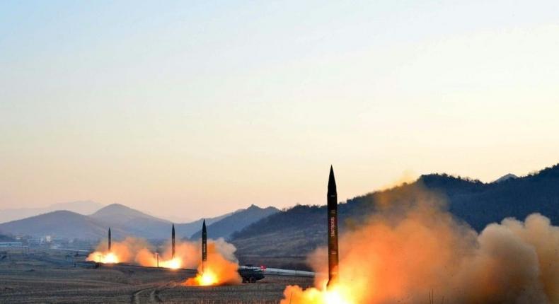 Undated picture released by North Korea's Korean Central News Agency on March 7, 2017 shows the launch of four ballistic missiles by the Korean People's Army during a military drill at an undisclosed location in North Korea