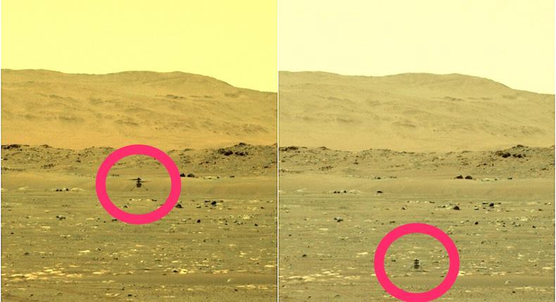 The Perseverance rover captured Ingenuity's first flight on Mars on April 19.
