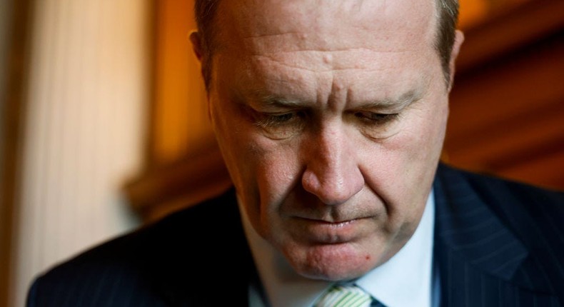 Sen. Eric Schmitt speaks to a reporter before attending a Republican Senate policy luncheon at the U.S. Capitol Building on September 19, 2023, in Washington, DC.Anna Moneymaker