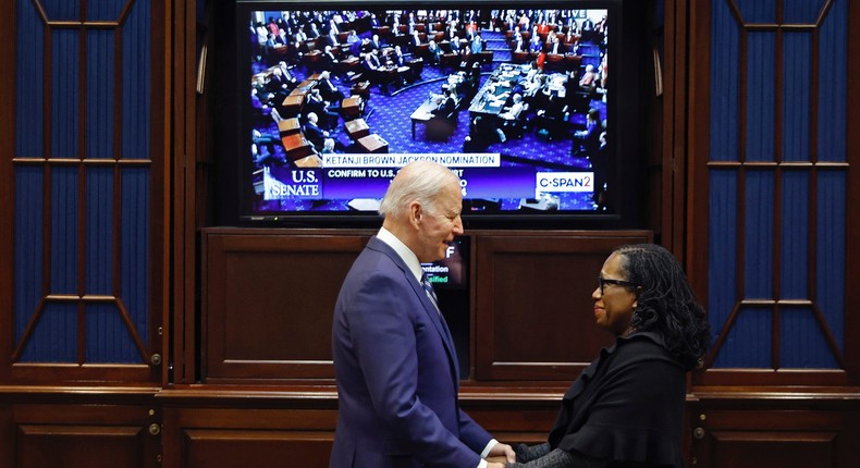 President Joe Biden congratulates Ketanji Brown Jackson moments after the Senate confirmed her to be the first Black woman to be a justice on the Supreme Court.