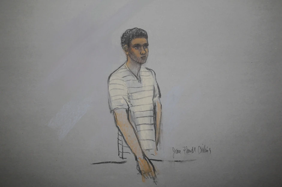 Robel Filipos, crtež sa suđenja,. Ukolko bud eosuđšen, rpeti mu maksimalna kazna zatovra 0d 8 godina, zbog "svesnog i namernog ometanja istrage"