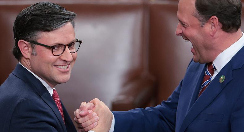 Rep. Mike Johnson celebrates with Rep. Andy Barr as the House of Representatives holds an election for a new Speaker of the House at the U.S. Capitol on October 25, 2023, in Washington, DC.Win McNamee/Getty Images