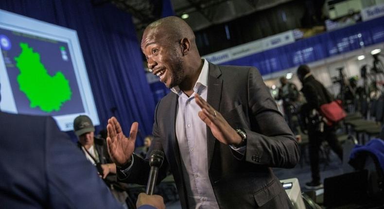 South African main opposition Democratic Alliance party leader Mmusi Maimane speaks to journalists at the Independent Electoral Commission Counting center on August 4, 2016 in Pretoria, South Africa, a day after South African municipal elections 