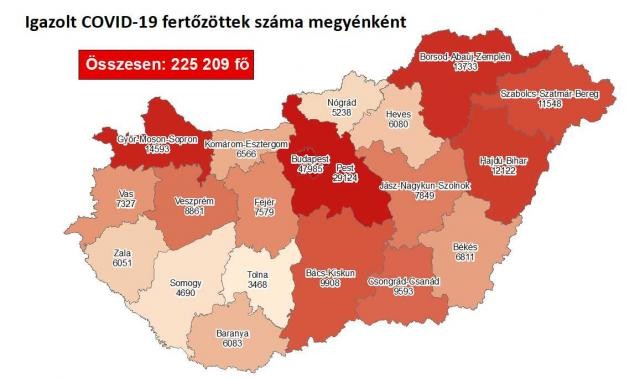 A fertőzöttek megoszlása megyénként / Fotó: koronavirus.gov.hu