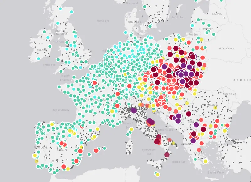 Mapa jakości powietrza w Europie (stan na 17.01.2019)