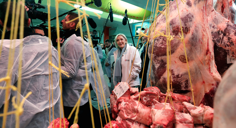 French presidential candidate Marine Le Pen visiting the meat pavilion at the Rungis international food market, near Paris.