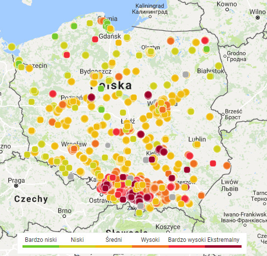 Mapa smogowa Polski - 26 lutego (godz. 9:30)