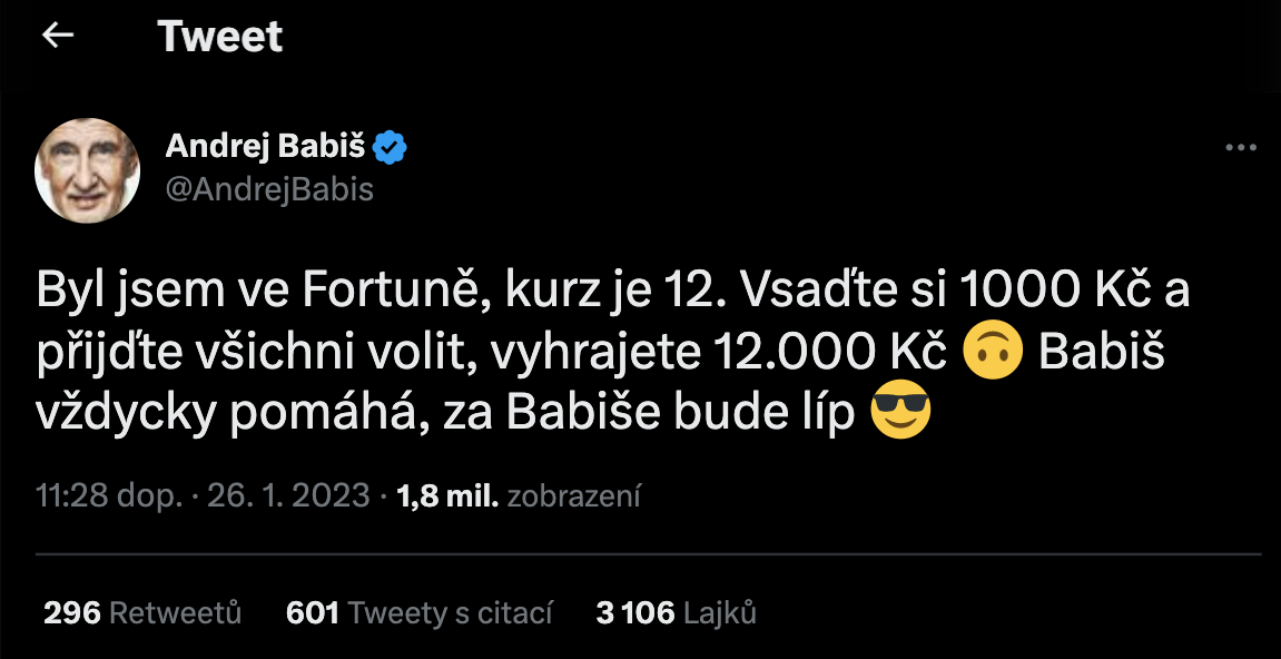 Tweet Andreja Babiša pred voľbami. 