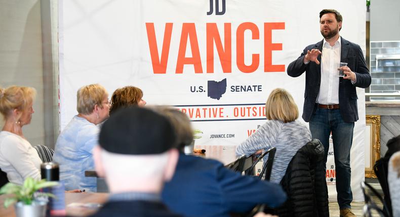 US Senate candidate JD Vance speaks with prospective voters on the campaign trail on April 11, 2022 in Troy, Ohio. Vance, a prominent author, announced his candidacy in July 2021 to replace retiring Republican Sen. Robert Portman of Ohio.