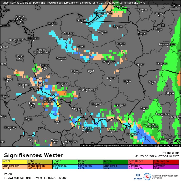 Za tydzień lokalnie znów możliwy jest deszcz ze śniegiem (kolor pomarańczowy na mapie), a nawet sam śnieg (kolor niebieski)