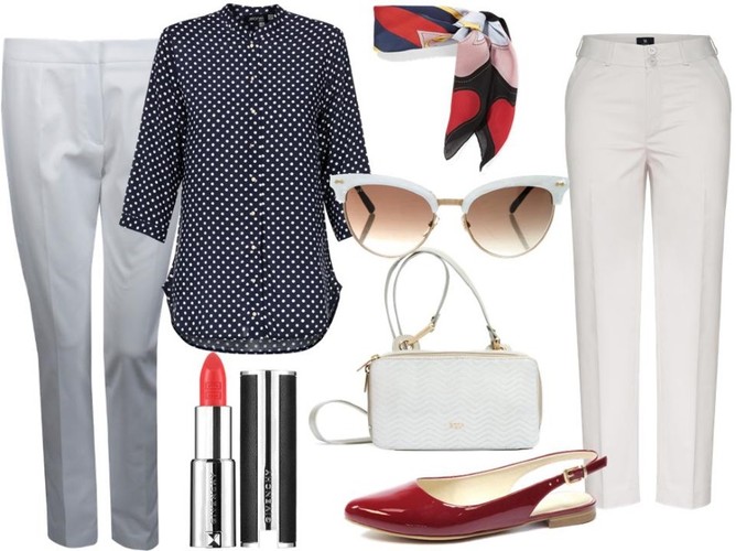 Spodnie – od lewej: Bialcon/bialcon.pl, od prawej: Tova/tova.pl, torebka – Boca/boca.pl, buty – Caprice/caprice.pl, koszula – Jelonek/jelonekm.pl, okulary – Gucci/polyvore.com, apaszka – Gucci/polyvore.com, szminka – Givenchy/sephora.pl