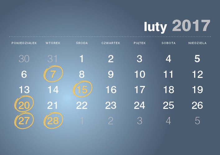 <strong>7 lutego 2017 roku</strong>
<br><br> Termin złożenia deklaracji CIT-7 <br><br>
<br><br> Termin przekazania przez płatnika, o którym mowa w art. 26 ust 1 CIT, pobranego zryczałtowanego podatku<br><br> 
<br><br> Termin przekazania przez płatnika podatku od należności wypłaconych osobom niemającym w RP miejsca zamieszkania/siedziby z tytułu art. 21 ust 1 i art. 22 ust 1 CIT   <br><br>
<br><br> Termin płatności podatku w formie karty podatkowej  <br><br>
<br><br> Termin wpłaty pobranego przez płatnika podatku PCC, SD<br><br>
<br><br> Termin złożenia przez płatnika deklaracji: PCC-2, SD-2<br><br> 

<strong>15 lutego 2017 roku</strong>
<br><br>VAT-UE (nie dotyczy podatników składających VAT-UE w formie elektronicznej <br><br> 

<strong>20 lutego 2017 roku</strong>
<br><br>Termin złożenia informacji CIT-ST <br><br> 
<br><br>  Termin zawiadomienia o wyborze/rezygnacji z uproszczonej formy wpłaty zaliczek CIT, chyba że rok podatkowy nie jest rokiem kalendarzowym<br><br> 
<br><br> Termin płatności zaliczki CIT <br><br> 
<br><br>Termin płatności zaliczki CIT w formie uproszczonej <br><br> 
<br><br> Termin płatności zaliczki PIT wg skali podatkowej<br><br> 
<br><br> Termin płatności zaliczki PIT podatek liniowy<br><br> 
<br><br> Termin płatności zaliczki PIT w formie uproszczonej<br><br> 
<br><br> Termin płatności zaliczki PIT przez podatników uzyskujących dochody bez pośrednictwa płatnika<br><br> 
<br><br> Termin płatności ryczałtu od przychodów ewidencjonowanych<br><br> 
<br><br> Termin wpłaty pobranych przez płatnika zaliczek PIT i zryczałtowanego podatku PIT od kwot wypłaconych<br><br>
<br><br> Termin złożenia zawiadomienia o wyborze uproszczonej formy wpłacania zaliczek PIT<br><br>
<br><br>Termin złożenia zawiadomienia o wyborze kwartalnego sposobu wpłacania zaliczek PIT<br><br>

<strong>27 lutego 2017 roku</strong>
<br><br>Termin złożenia informacji VAT-27<br><br>
<br><br> Termin złożenia deklaracji VAT-7<br><br> 
<br><br> Termin złożenia deklaracji VAT-8 - przy wewnątrzwspólnotowym nabyciu powyżej 10000 Euro<br><br> 
<br><br> Termin złożenia deklaracji VAT-9M<br><br> 
<br><br> Termin złożenia deklaracji VAT-12 w zakresie usług taksówek osobowych opodatkowanych w formie ryczałtu<br><br> 
<br><br> Termin złożenia deklaracji VAT-13 - rozliczenie transakcji wewnątrzwspólnotowych dostaw towarów podatników, którego dokonuje przedstawiciel podatkowy w imieniu własnym i na rzecz podatników<br><br>
<br><br> Termin płatności podatku VAT<br><br> 
<br><br>Termin płatności zaliczek na podatek VAT za pierwszy oraz za drugi miesiąc kwartału na podstawie art. 103 ust. 2a VAT <br><br> 
<br><br>Termin złożenia deklaracji VAT-UE WYŁĄCZNIE drogą elektroniczną <br><br> 

<strong>28 lutego 2017 roku</strong>
<br><br>Termin złożenia deklaracji VAT-11 - osoby fizyczne, osoby prawne lub jednostki organizacyjne niemające osobowości prawnej, niebędące podatnikami VAT i niemające obowiązku składania deklaracji VAT-7, VAT-7K lub VAT-7D, dokonujące WDT nowego środka transportu <br><br> 
<br><br> Termin złożenia do US za pomocą środków komunikacji elektronicznej przez płatnika/biuro rachunkowe działające w jego imieniu informacji: PIT- 8C, PIT-11, PIT-R<br><br> 
<br><br>  Termin złożenia przez płatnika rocznego obliczenia podatku PIT-11A<br><br>  
<br><br>  Termin złożenia przez płatnika informacji PIT-14<br><br>  
<br><br>  Termin złożenia do US za pomocą środków komunikacji elektronicznej przez płatnika/biurorachunkowe działające w jego imieniu rocznego obliczenia podatku PIT-40 <br><br>  
<br><br>  Termin złożenia do US za pomocą środków komunikacji elektronicznej przez płatnika/biuro rachunkowe działające w jego imieniu informacji IFT-1/IFT-1R<br><br>   
<br><br> Termin przekazania podatnikowi PIT-8C, PIT-11, PIT-R, IFT-1/IFT-1R, PIT-40<br><br>