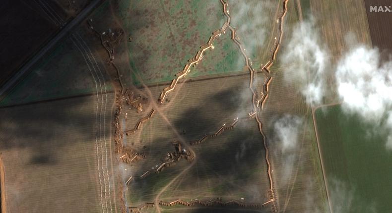 Close-up view of Russian trenches and tank obstacles in Novotroitsky, Ukraine, captured on November 15, 2022.Satellite image 2022 Maxar Technologies.