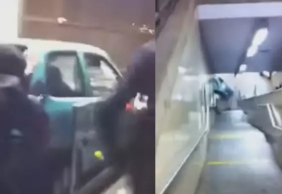 Tak się bawili w Brukseli: zobacz, jak wandale spychają auto na stację metra