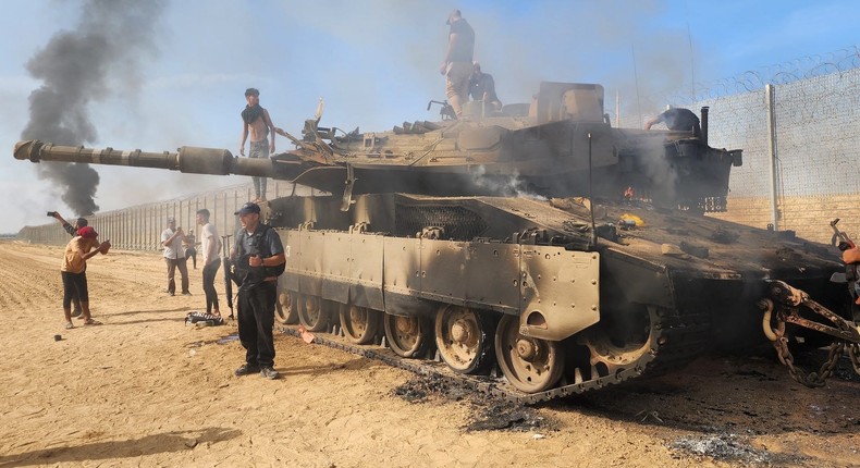 A destroyed Israeli tank in Gaza City on October 7.Hani Alshaer/Anadolu Agency via Getty Images