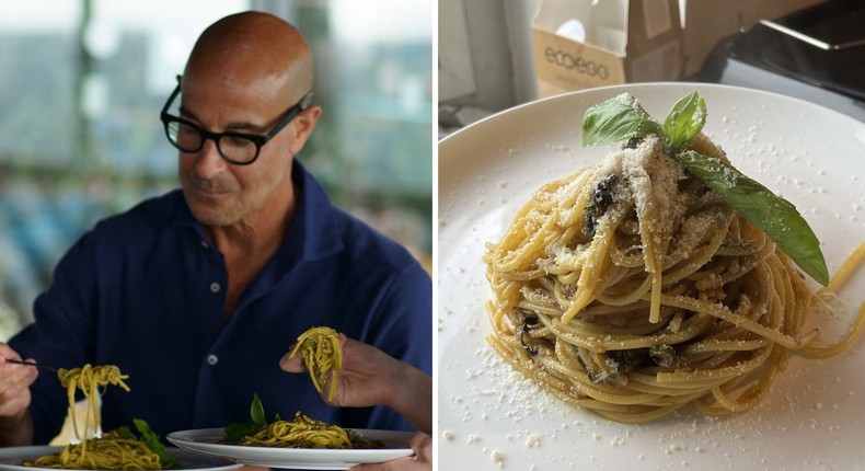 Stanely Tucci eating pasta.CNN, Josh Ong/Insider