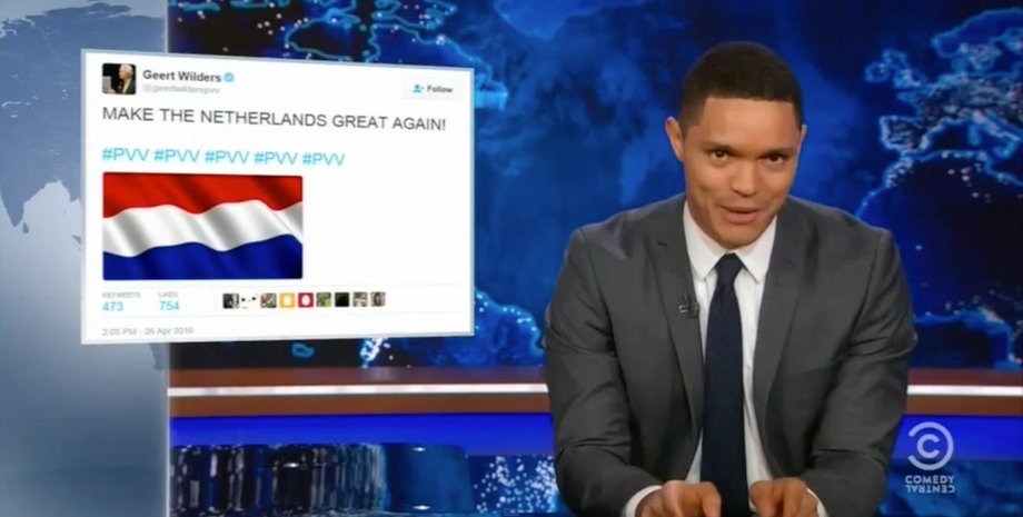 "Daily Show" host Trevor Noah shows a tweet from Dutch leader Geert Wilders.