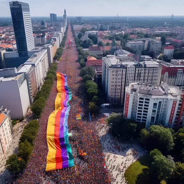 Gigantyczna Parada Równości w Warszawie wg sztucznej inteligencji Midjourney