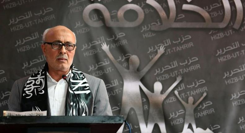 Abderraouf Amri, head of the Political Bureau for the radical Islamist party Hizb ut-Tahrir that is under ban for the second time, delivers a speech at the party headquarters on April 15, 2017, in Tunis