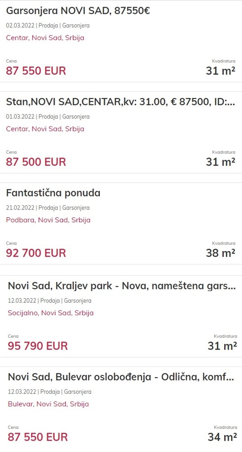 Cene garsonjera u Novom Sadu