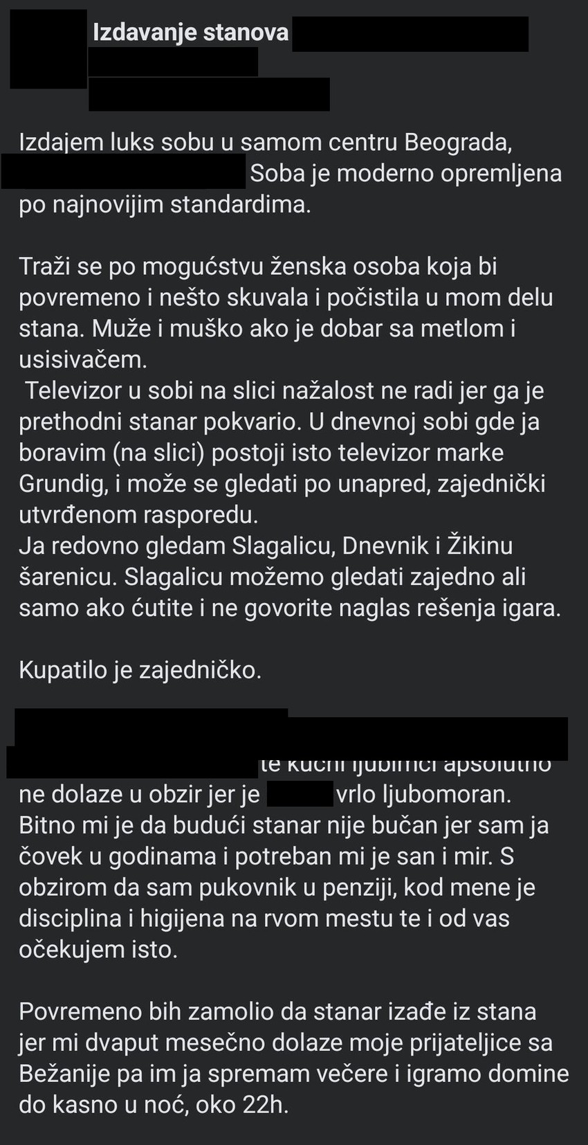 oglas za izdavanje sobe