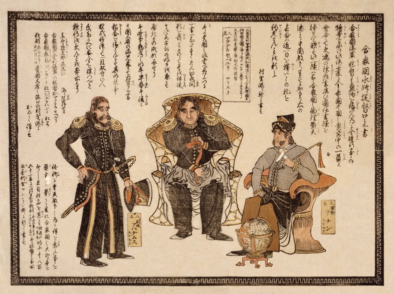 Japoński drzeworyt przedstawiający Perry’ego (w środku) i innych wysokiej rangi amerykańskich marynarzy