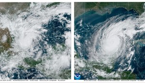 This side-by-side shows Milton's rapid evolution from a tropical storm on Saturday (left) into a Category 5 on Monday (right).CIRA/NOAA