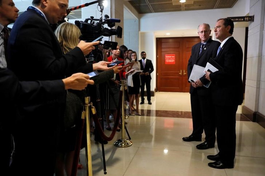 FILE PHOTO - Conaway and Schiff speak to reporters at the conclusion of a closed-door meeting between the House Intelligence Committee and Kushner on Capitol Hill in Washington