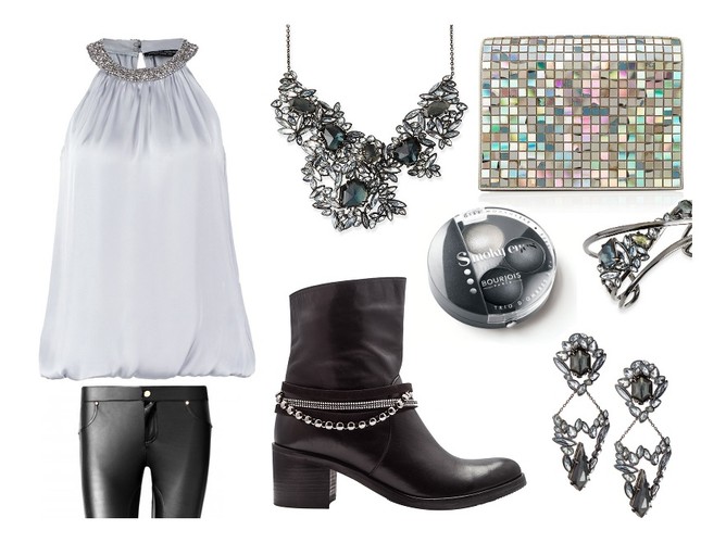 Srebrna tunika Dorothy Perkins, legginsy Calzedonia, botki Carinii, kopertówka Maison Martin Margiela, biżuteria Alexis Bittar, paleta cieni Bourjois