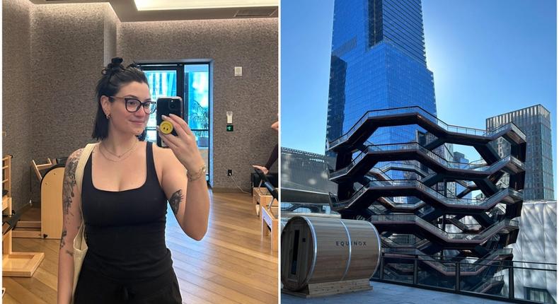 The author at a private pilates class at the Equinox Hotel (left); the hotel's outdoor pool and sauna (right).Jordan Parker Erb/Business Insider