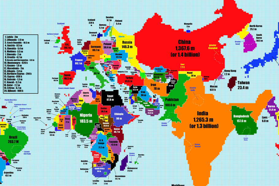 mapa populacja świata kartogram