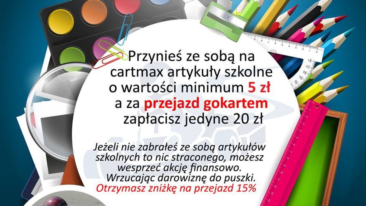 Tor kartingowy Cartmax włączył się w akcję Polskiego Czerwonego Krzyża "Wyprawka dla Żaka". Oferuje zniżki dla klientów w zamian za pozostawienie artykułów szkolnych.