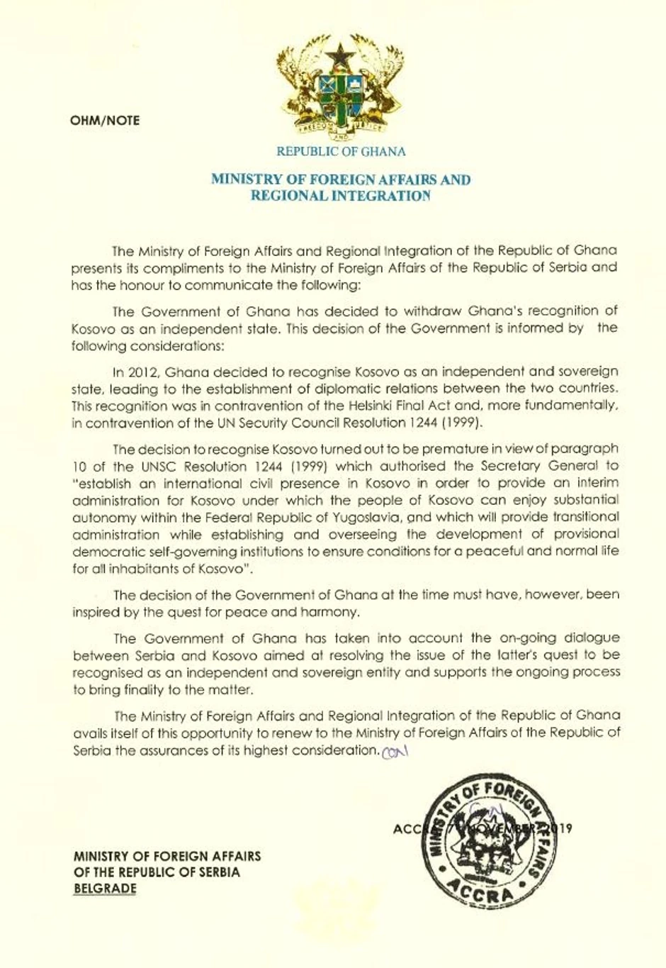 Gana povukla priznanje Kosova