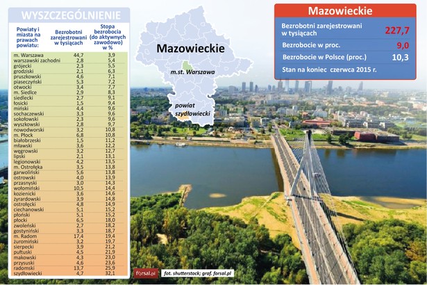 W województwie Mazowieckim bez pracy pozostaje 227,7 tys. ludzi, co odpowiada stopie bezrobocia w wysokości 9 proc. Jest to 1,3 pkt proc. mniej od uśrednionej wartości dla całej Polski. Stopa bezrobocia rejestrowanego jest najniższa w Warszawie – wynosi 3,9 proc. co odpowiada 44,7 tys. ludzi bez pracy. Tym samym w liczbach bezwzględnych w Warszawie jest najwięcej bezrobotnych w całej Polsce. Województwo Mazowieckie jest pełne kontrastów związanych z sytuacją zawodową. W powiecie szydłowieckim stopa bezrobocia rejestrowanego jest najwyższa w Polsce – wynosi 32,1 proc.