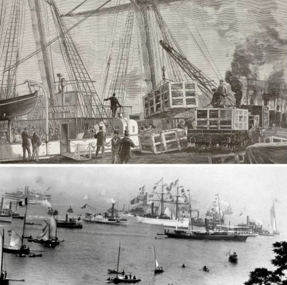 Załadunek Statuy Wolności na statek Isère w Rouen we Francji, oraz przybycie do portu w Nowym Jorku w dniu 17 czerwca 1885 r. Jednostkę można rozpoznać po białym kadłubie