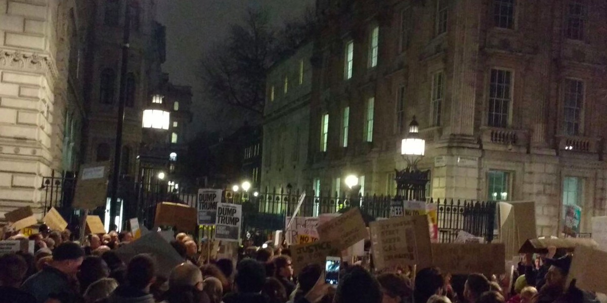 Anti-Trump protestors outside 10 Downing Street on Monday night.