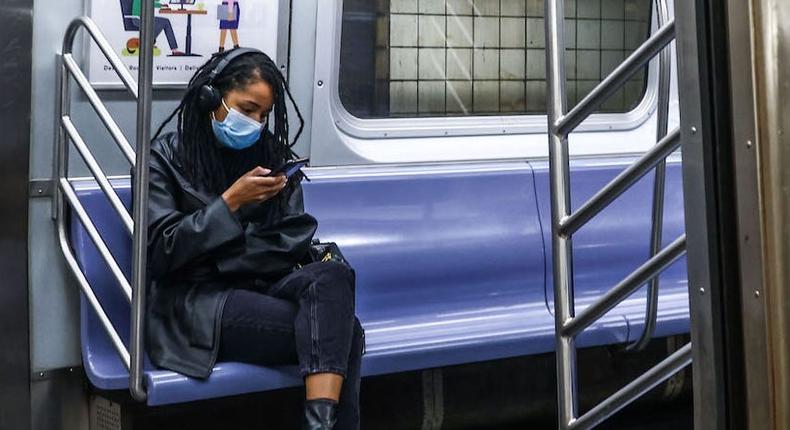 A passenger wearing a face mask in a subway in New York, United States, on October 22, 2022.Beata Zawrzel/NurPhoto via Getty Images