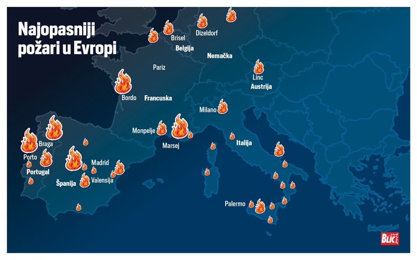Mapa, šumski požari u Evropi