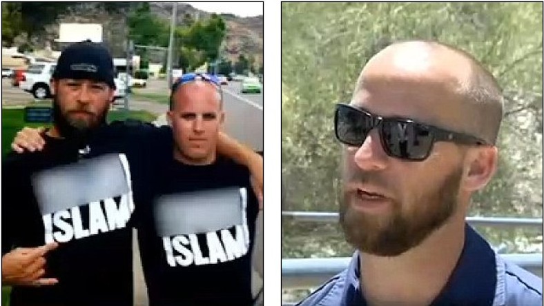 Jason Leger (pictured left with event organizer and right) from Phoenix, Arizona, who wore a t-shirt with 'F*** Islam' written across the front, now says the religion is a 'beautiful thing'.