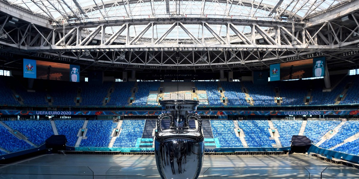 The UEFA Euro 2020 trophy is pictured during a boat tour in Saint Petersburg