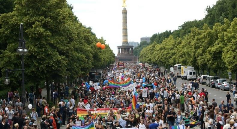 Gay parade in front of the Siegesaeule, or Victory Column, in Berlin on June 27, 2015