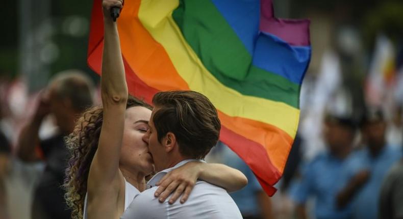 Romania's constitutional court said gay couples (pictured June 2018) have the same rights to a private life and a family life as heterosexuals and thus should benefit from legal recognition of their rights and obligations